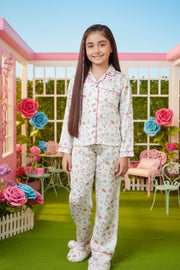 Barbie White Satin Printed Night Suit