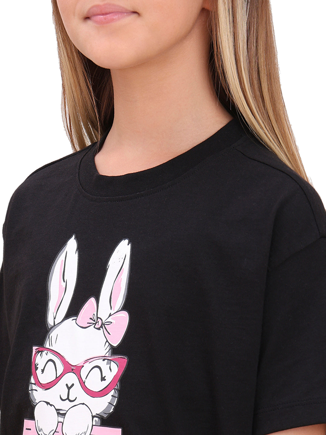 Girl Jet Black Quirky Graphic Cotton T-Shirt