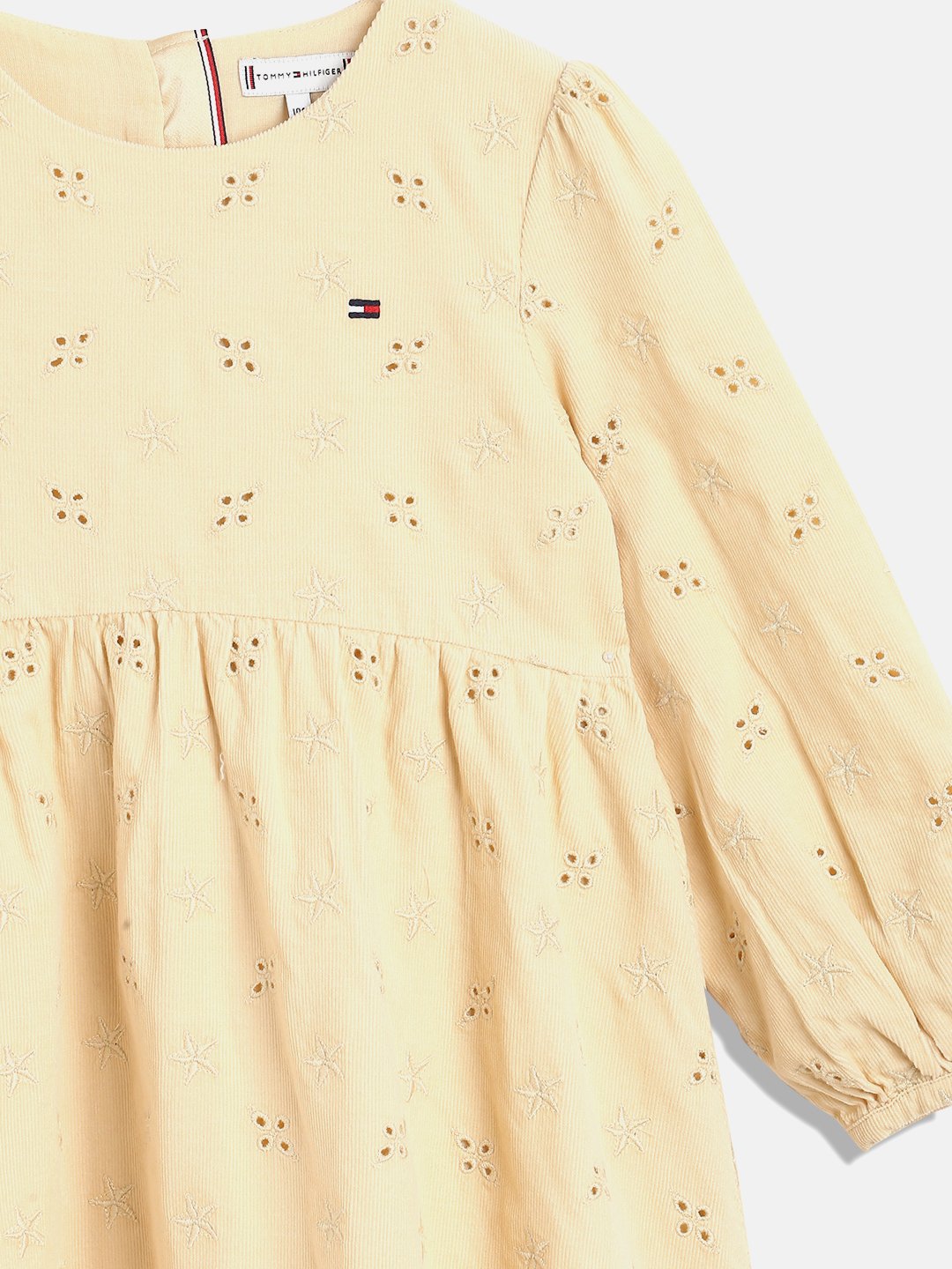 Girls Beige AOP Knee Length Cotton Dress with Full Sleeves