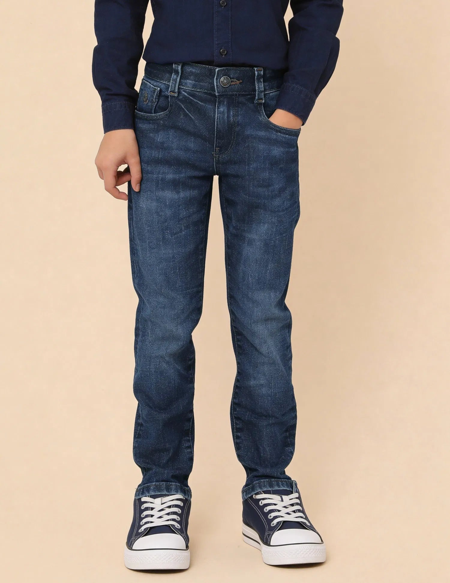 Boys Dark Blue Cotton Blend Whiskered Slim Fit Jeans