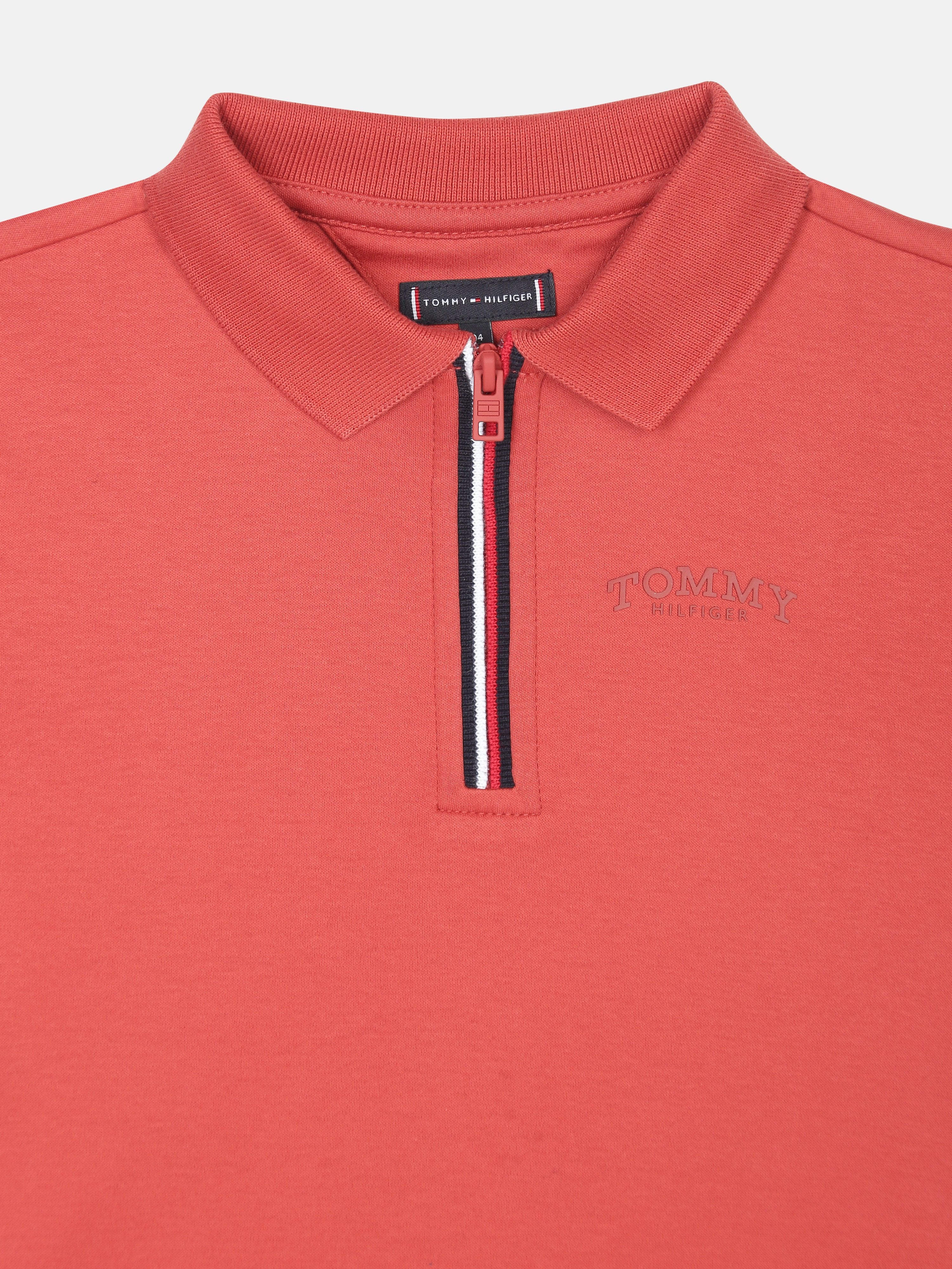 Boys Red Solid Zip Polo Collar Regular Fit Knit Top