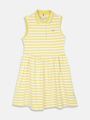Girls Yellow Striped Polo Collar A-Line Dress
