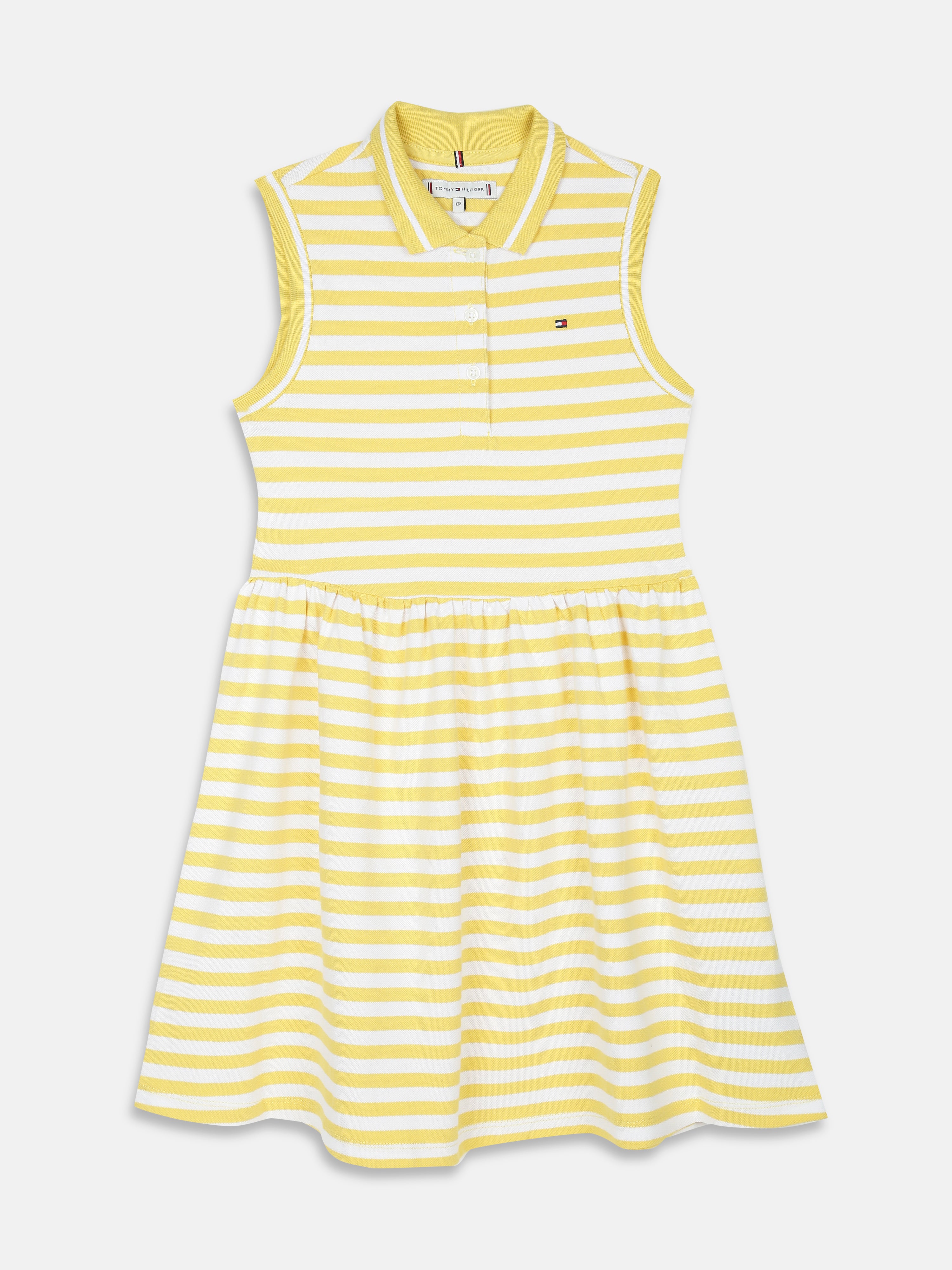 Girls Yellow Striped Polo Collar A-Line Dress