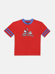 Boys Red Graphic Cotton Crew Neck Knit Top Regular Fit