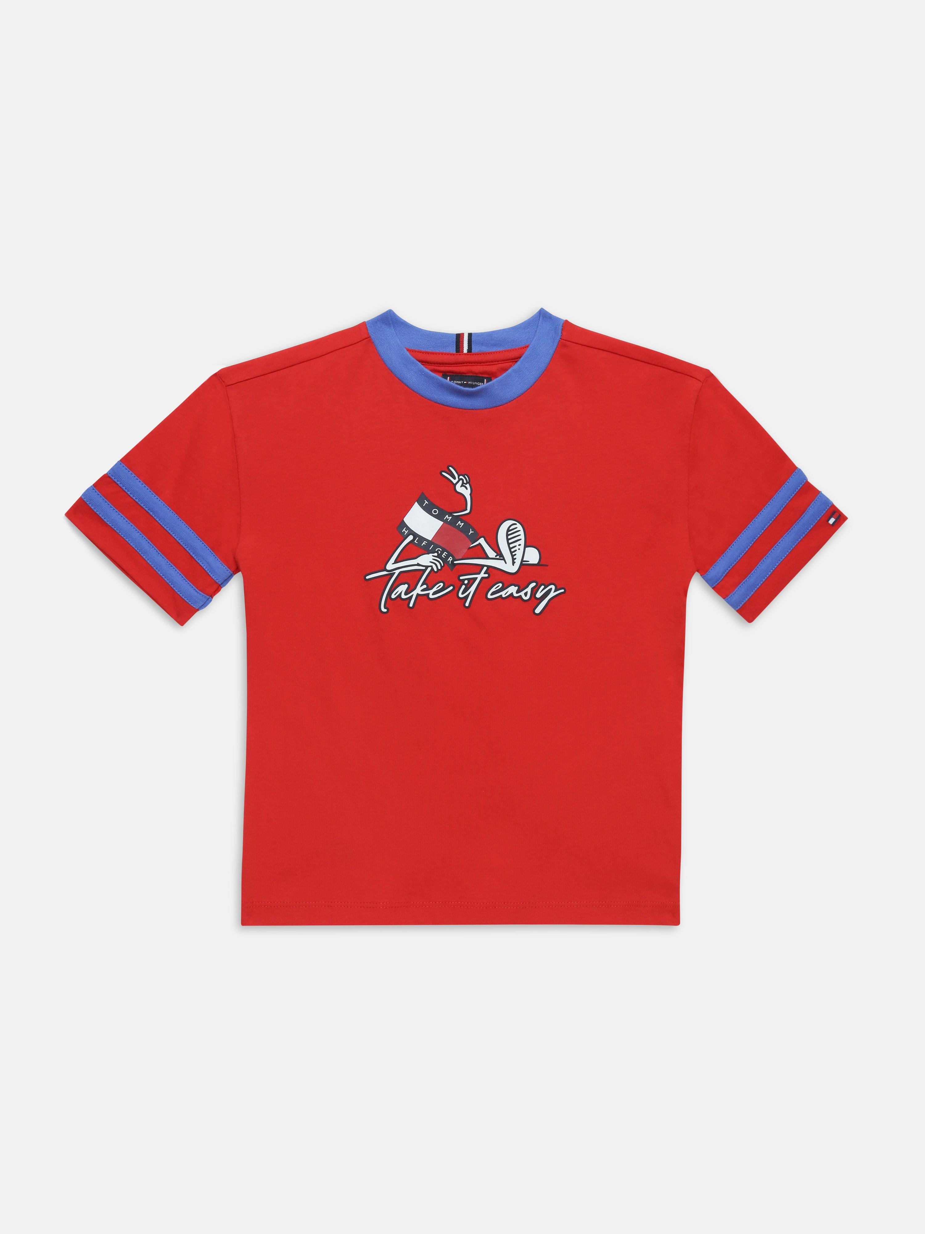 Boys Red Graphic Cotton Crew Neck Knit Top Regular Fit