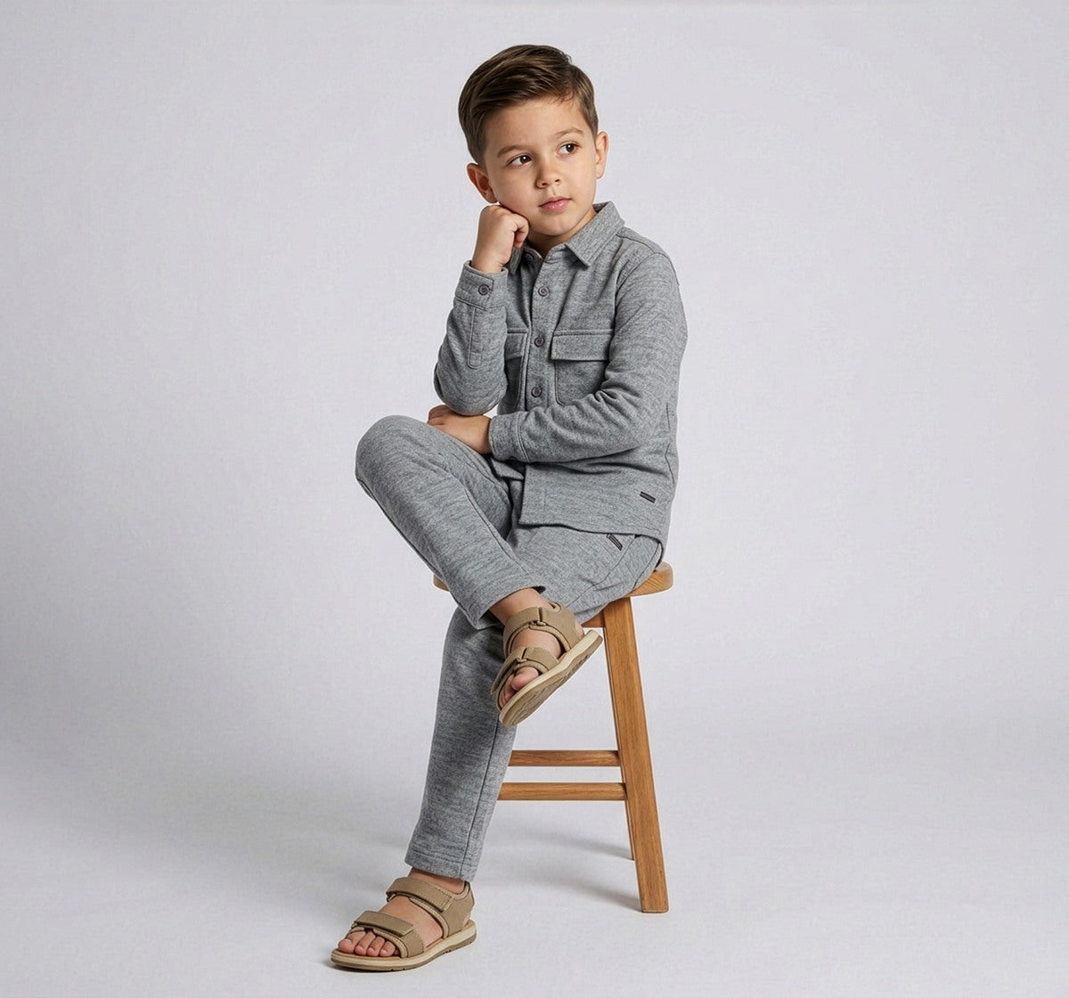 Boys Grey Melange Knit Shirt and Jogger Co-ord Set