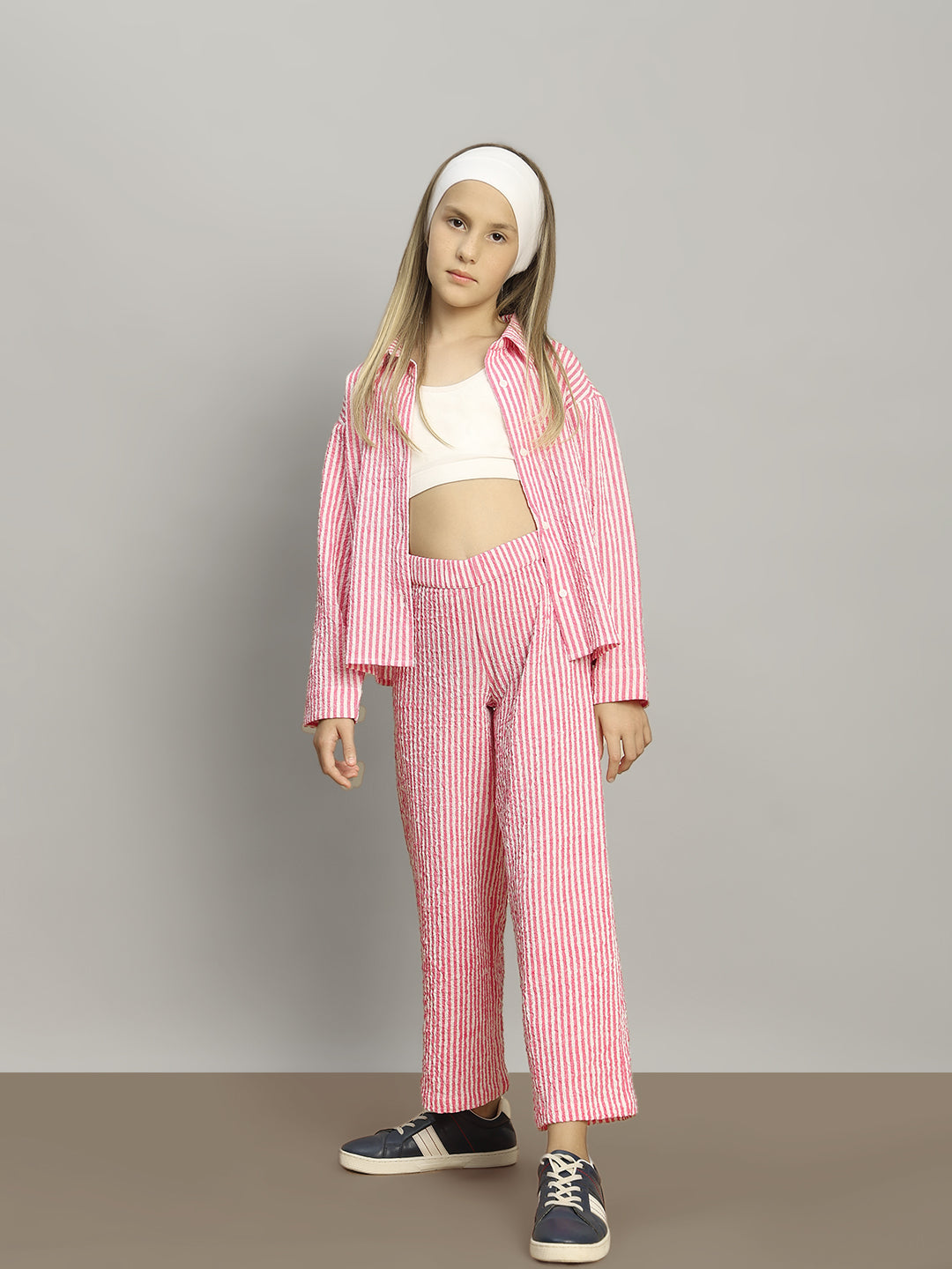 Girls Holly Berry Striped Straight Fit Textured Trousers with Stretch