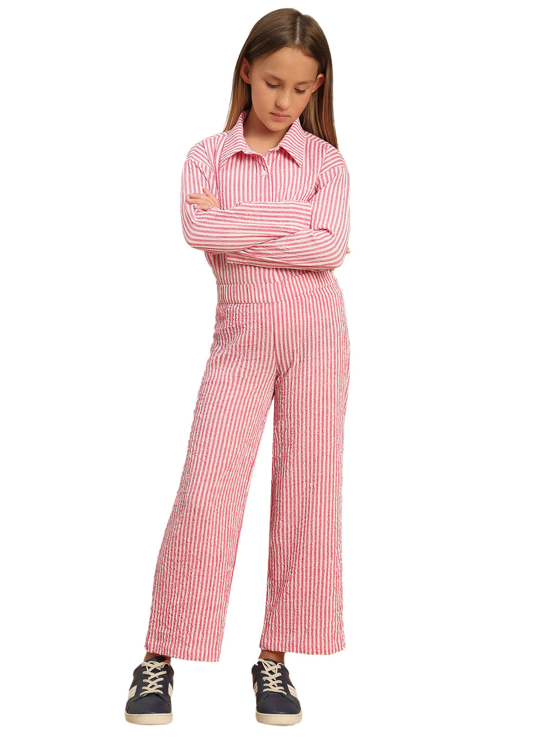 Girls Holly Berry Striped Straight Fit Textured Trousers with Stretch