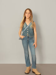 Girls Medium Blue Washed Denim Flared Jeans with Stretch Blend