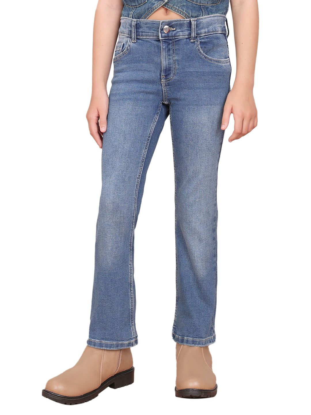 Girls Medium Blue Washed Denim Flared Jeans with Stretch Blend