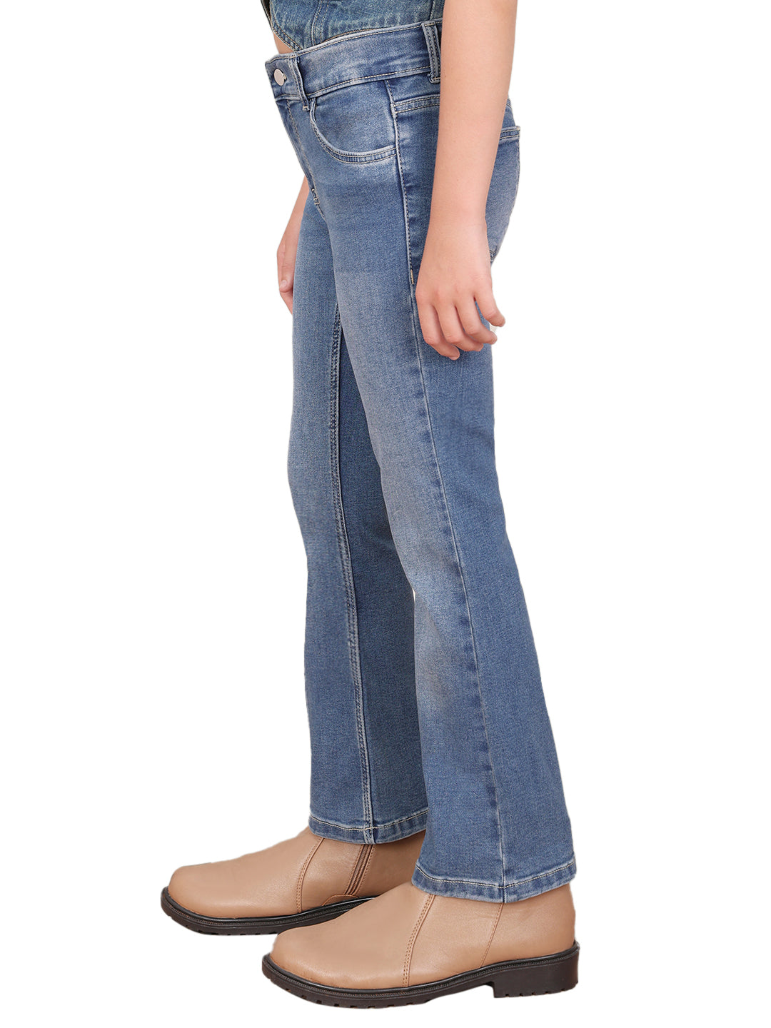 Girls Medium Blue Washed Denim Flared Jeans with Stretch Blend