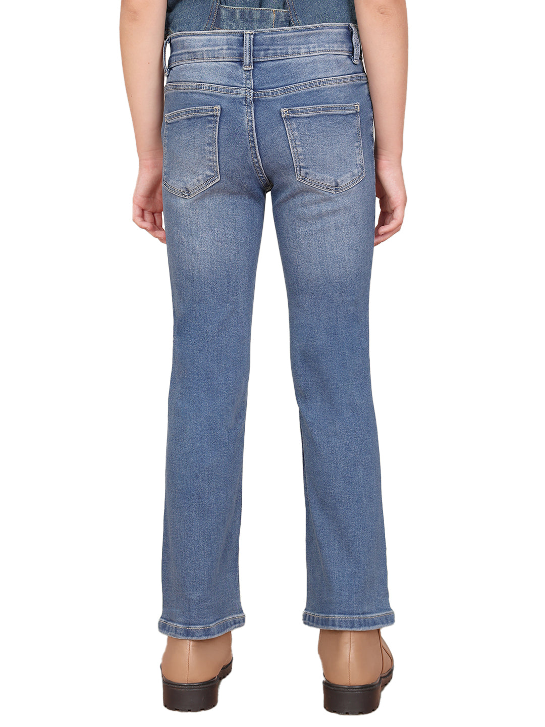 Girls Medium Blue Washed Denim Flared Jeans with Stretch Blend