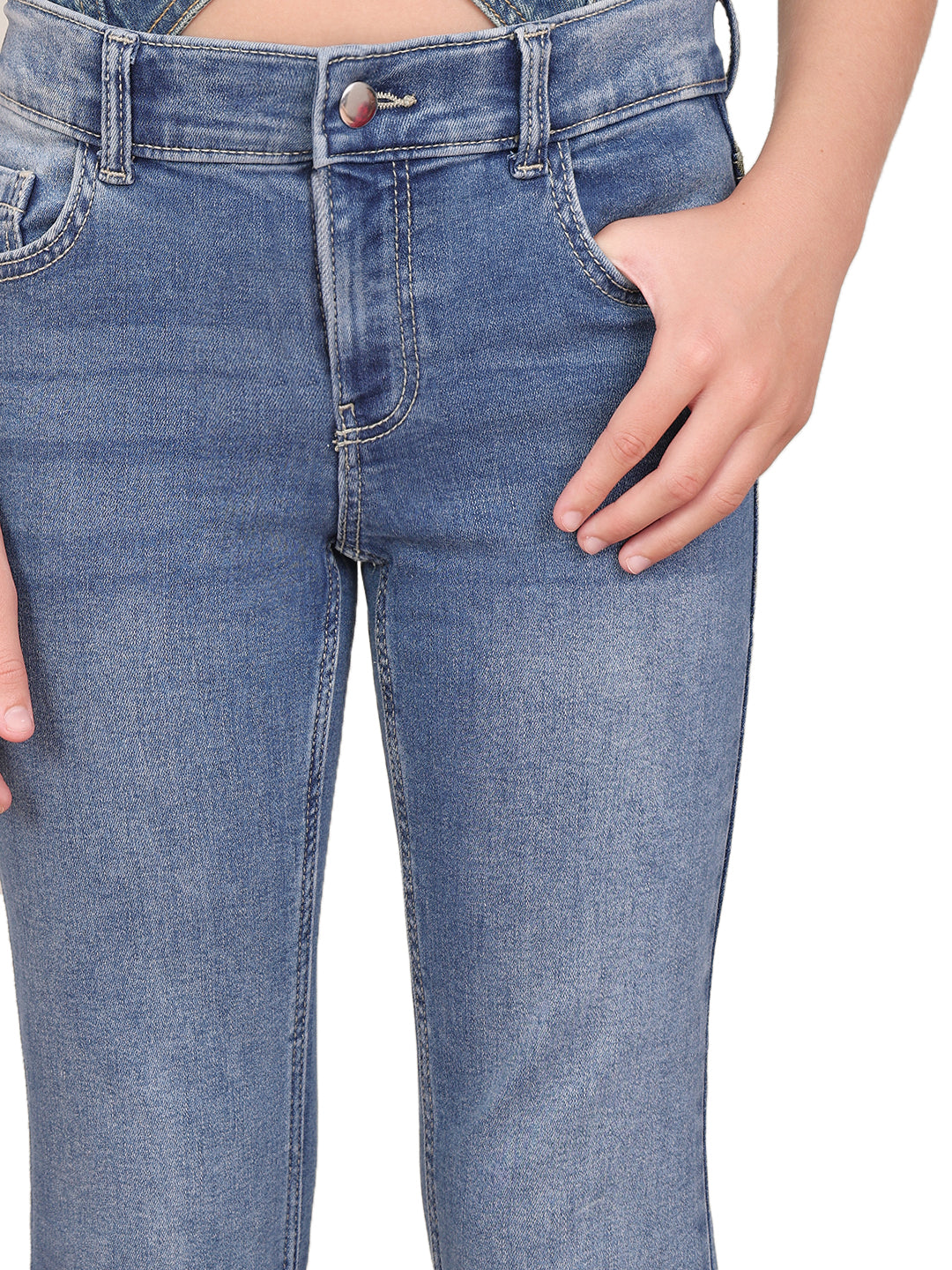 Girls Medium Blue Washed Denim Flared Jeans with Stretch Blend