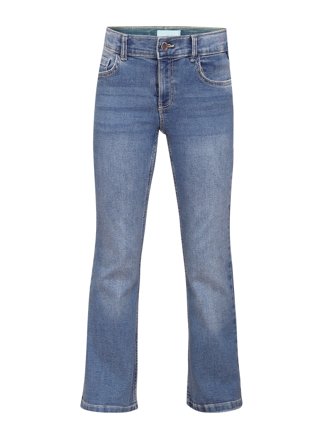Girls Medium Blue Washed Denim Flared Jeans with Stretch Blend