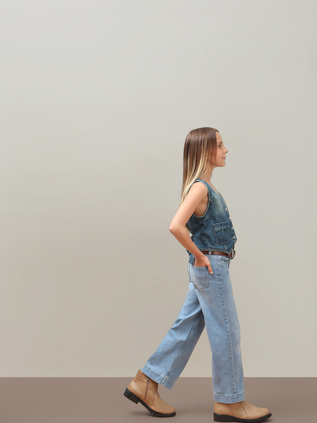 Girls Light Blue Washed Denim Wide Leg Jeans with Stretch Blend