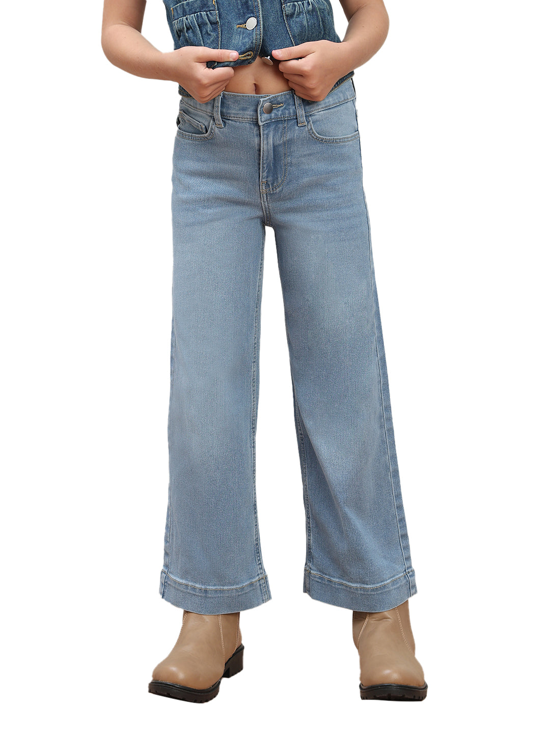 Girls Light Blue Washed Denim Wide Leg Jeans with Stretch Blend
