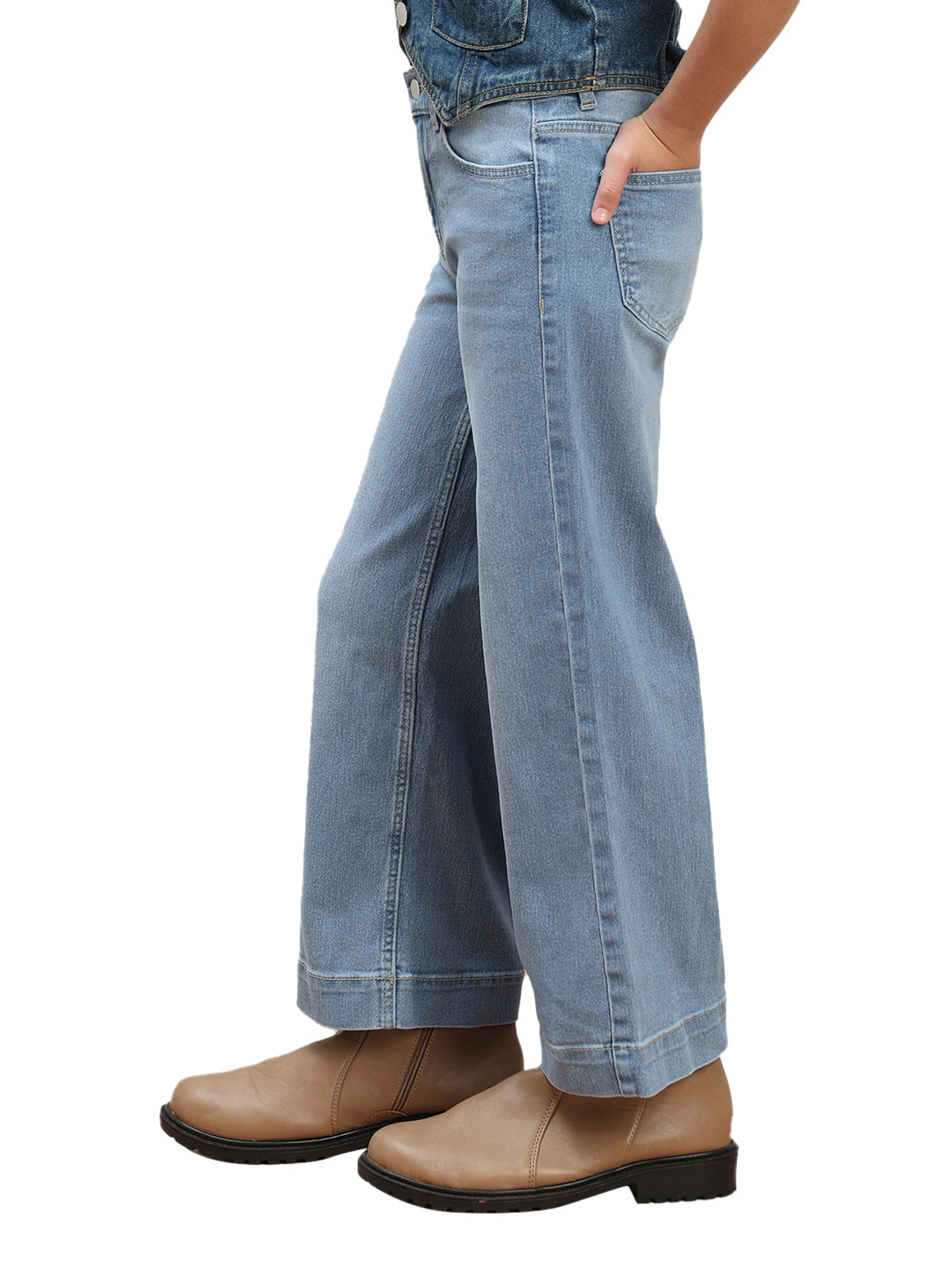 Girls Light Blue Washed Denim Wide Leg Jeans with Stretch Blend
