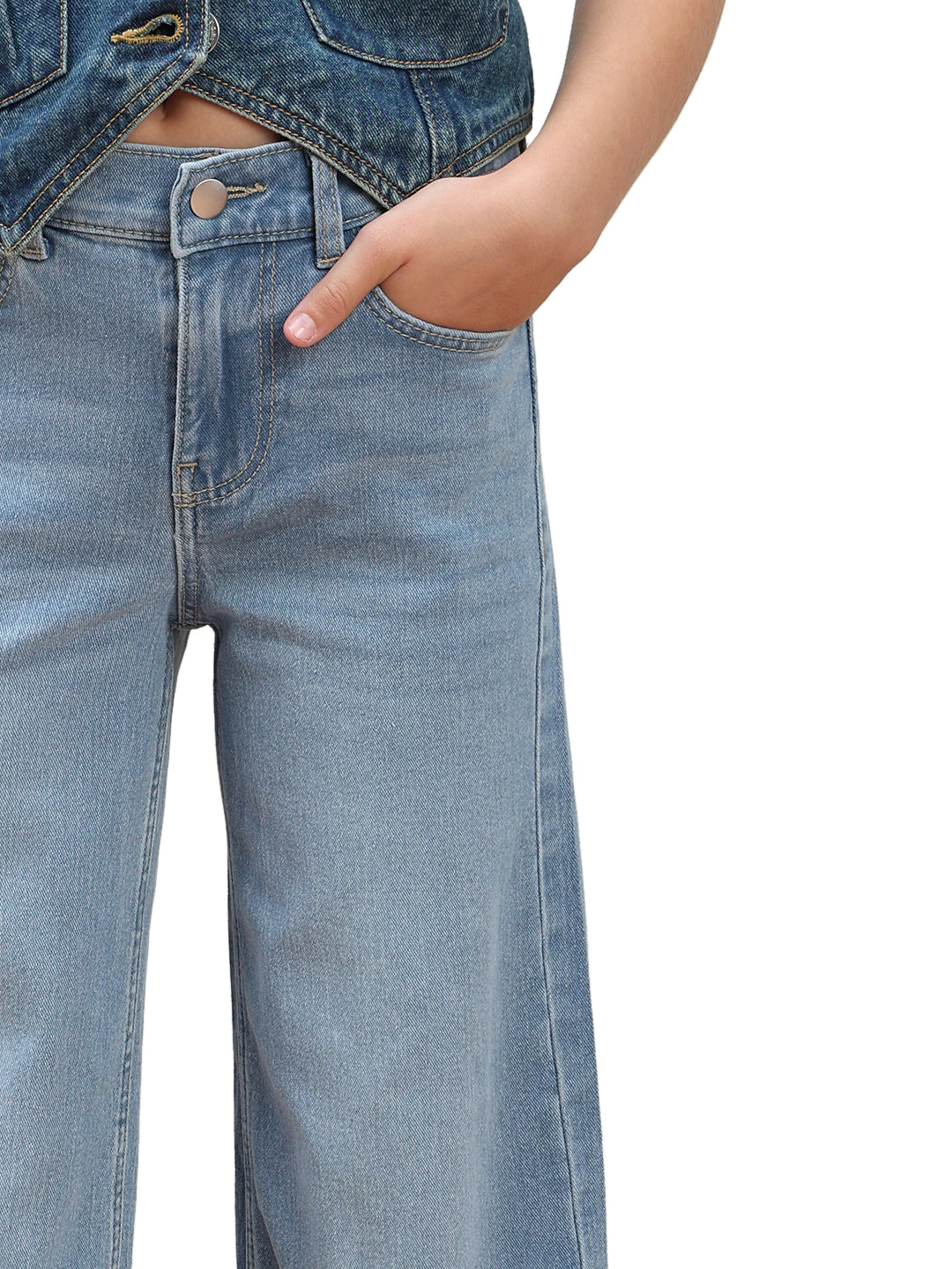 Girls Light Blue Washed Denim Wide Leg Jeans with Stretch Blend