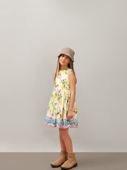 Girls Vibrant Yellow Lemon Floral Cotton Fit and Flare Dress