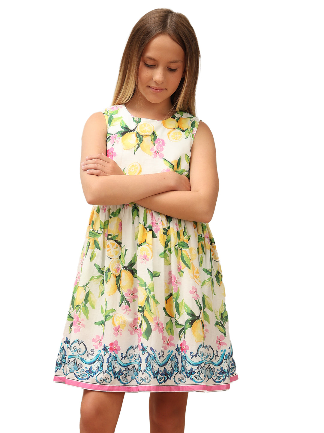 Girls Vibrant Yellow Lemon Floral Cotton Fit and Flare Dress