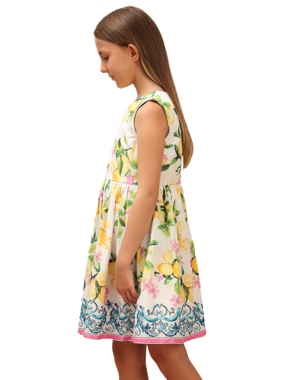 Girls Vibrant Yellow Lemon Floral Cotton Fit and Flare Dress