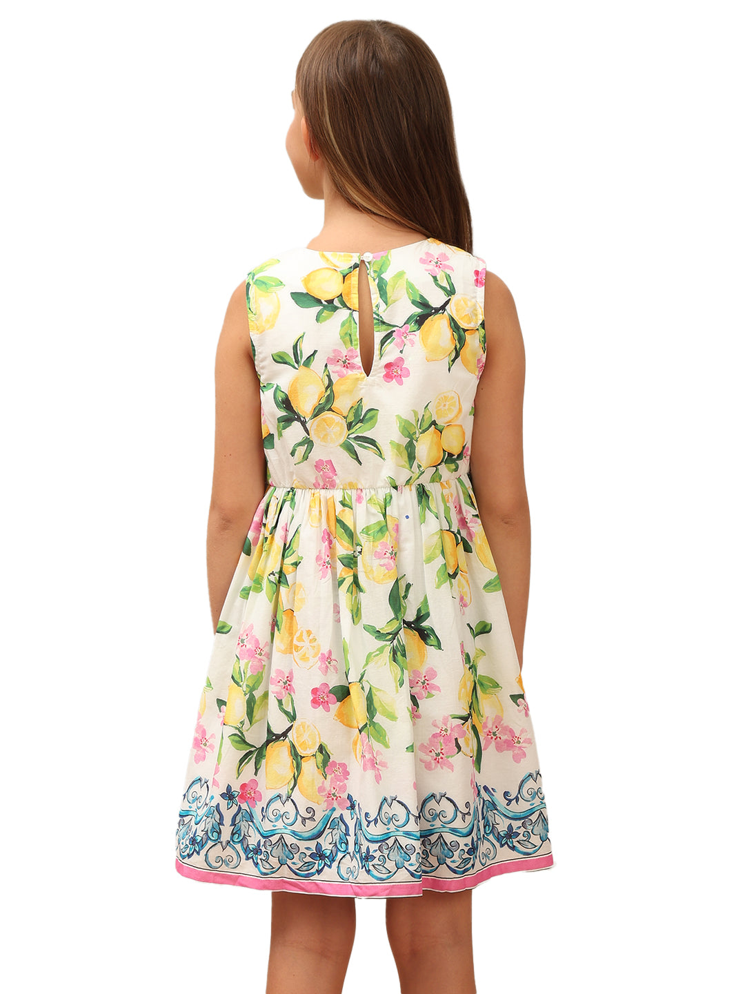 Girls Vibrant Yellow Lemon Floral Cotton Fit and Flare Dress