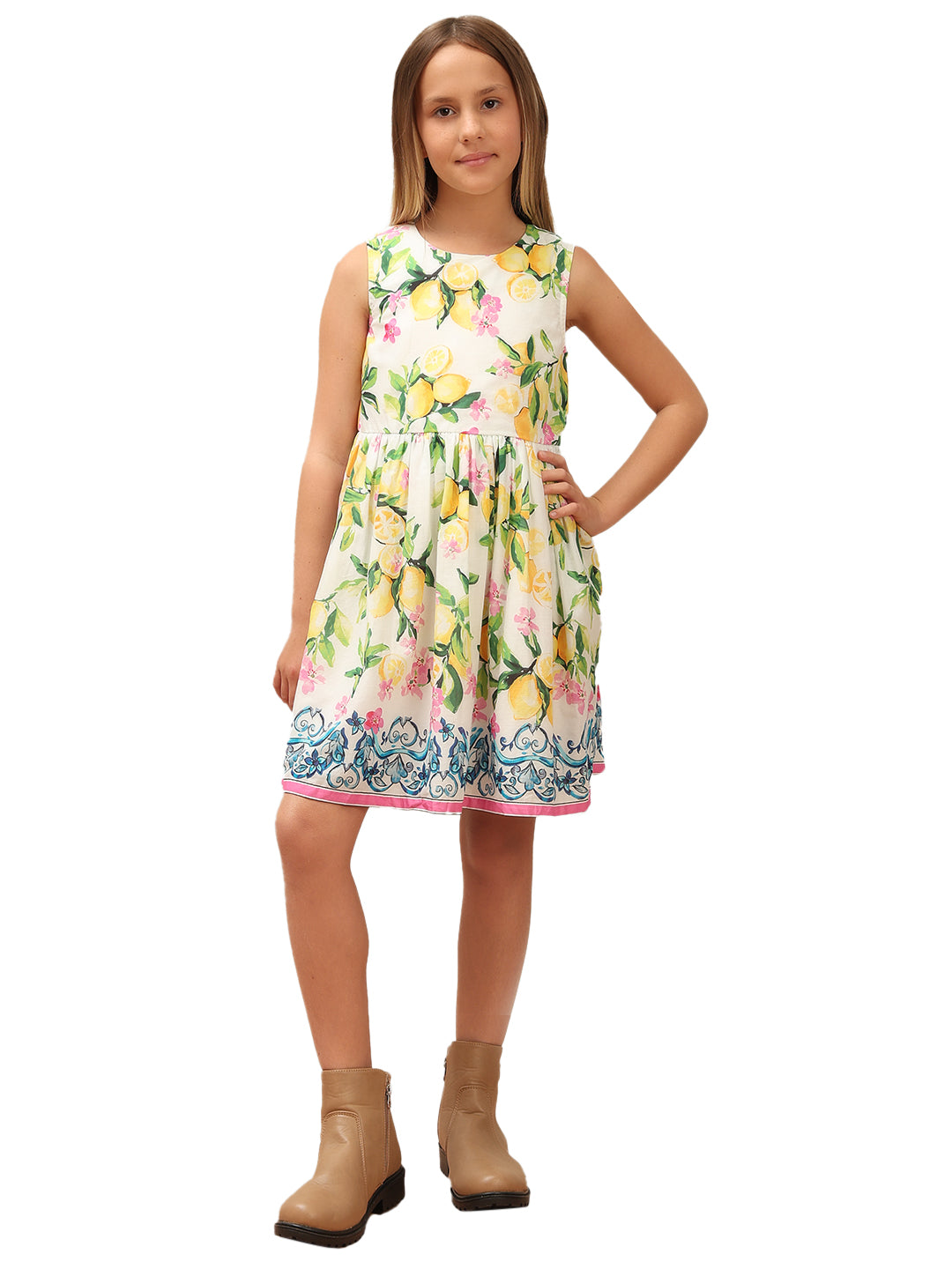 Girls Vibrant Yellow Lemon Floral Cotton Fit and Flare Dress