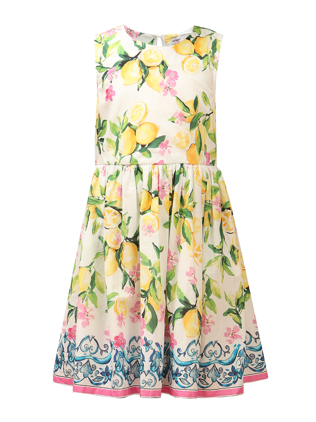 Girls Vibrant Yellow Lemon Floral Cotton Fit and Flare Dress