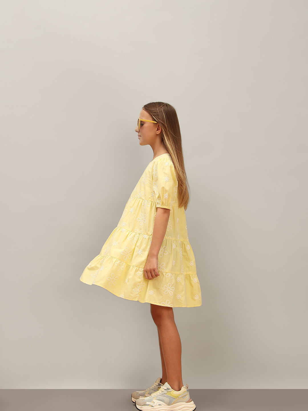 Girls Lemon Meringue Embroidered Cotton Fit and Flare Tiered Dress
