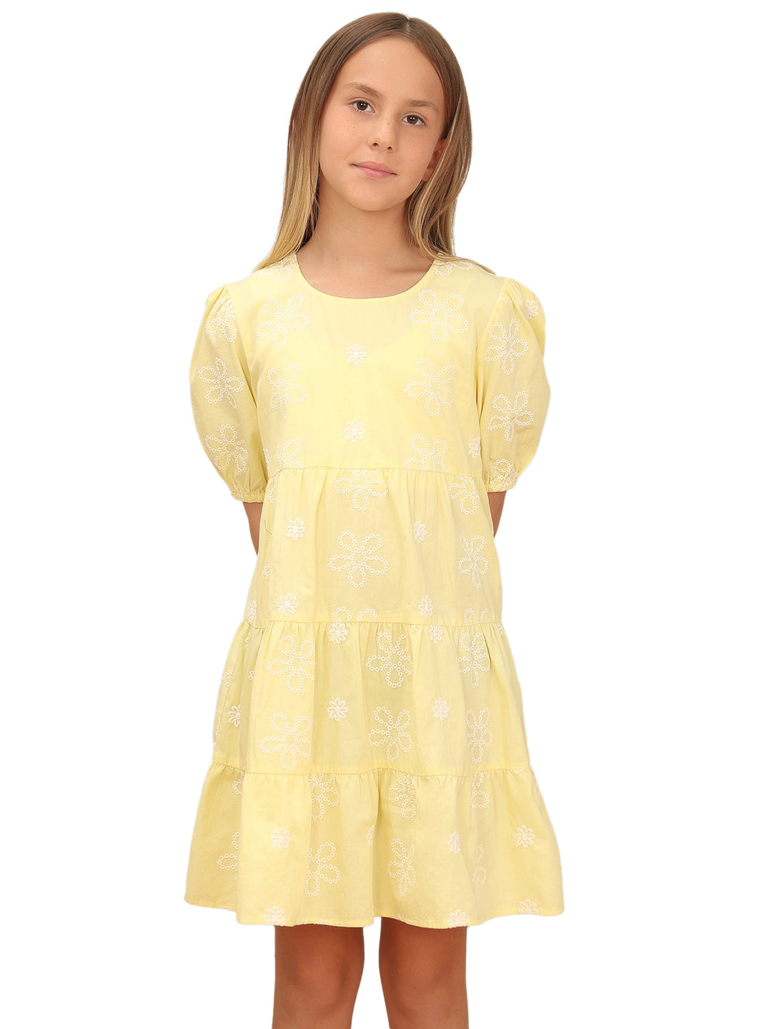 Girls Lemon Meringue Embroidered Cotton Fit and Flare Tiered Dress