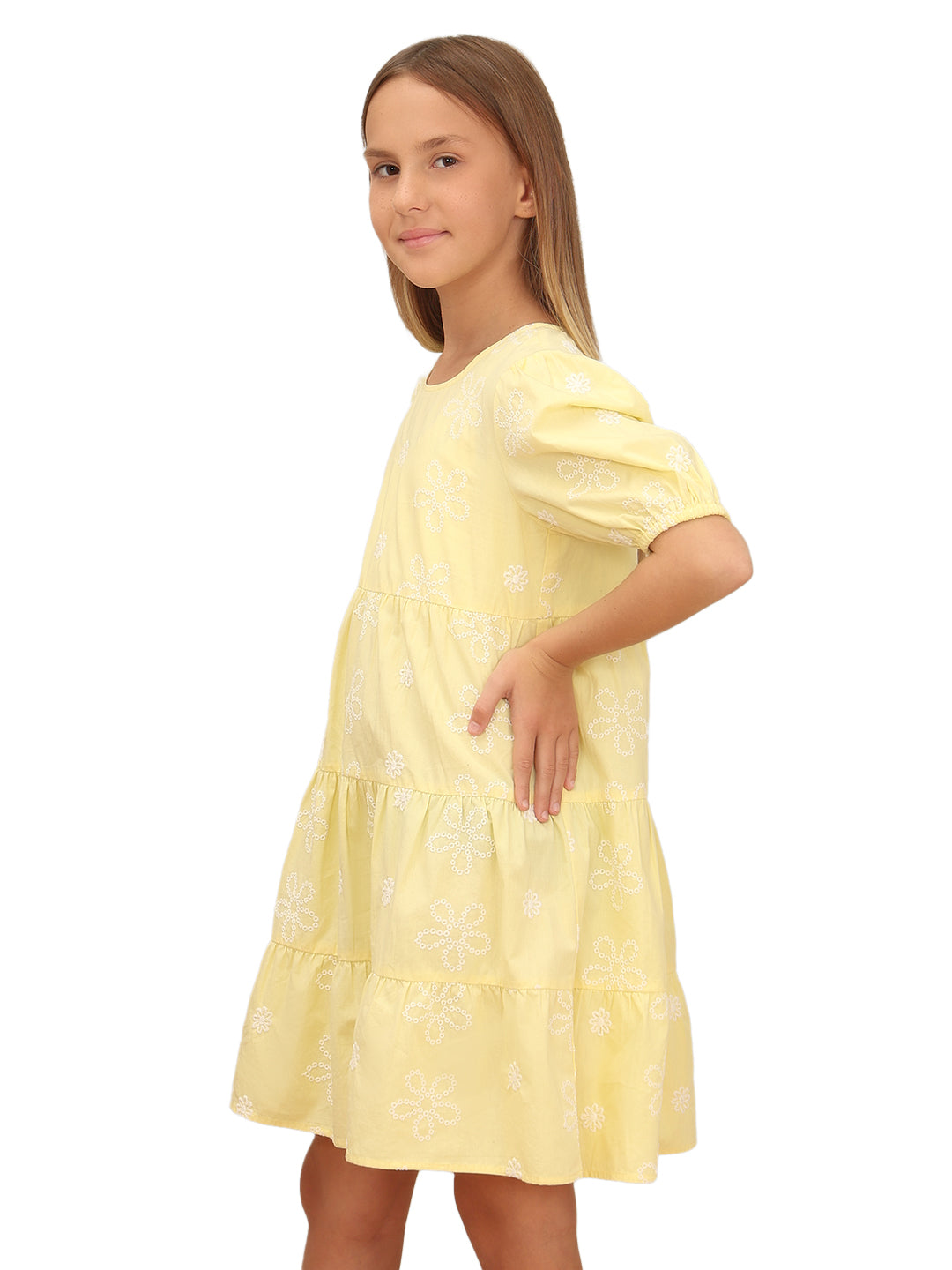Girls Lemon Meringue Embroidered Cotton Fit and Flare Tiered Dress
