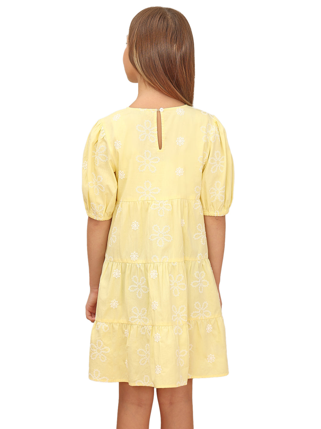 Girls Lemon Meringue Embroidered Cotton Fit and Flare Tiered Dress