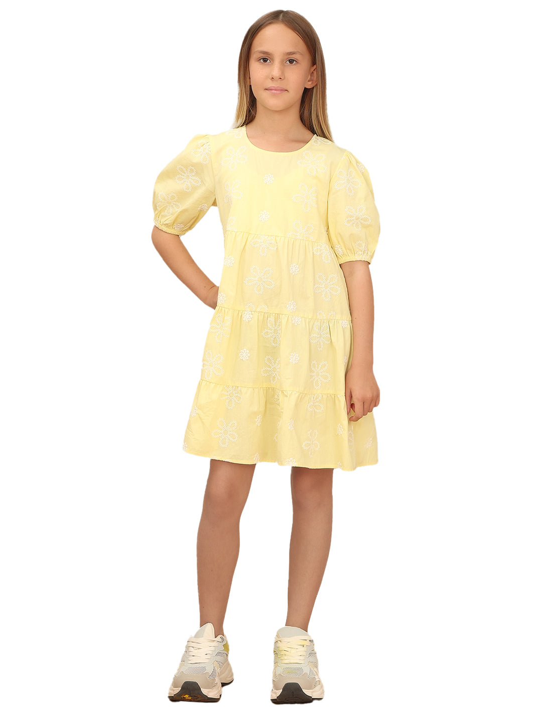 Girls Lemon Meringue Embroidered Cotton Fit and Flare Tiered Dress
