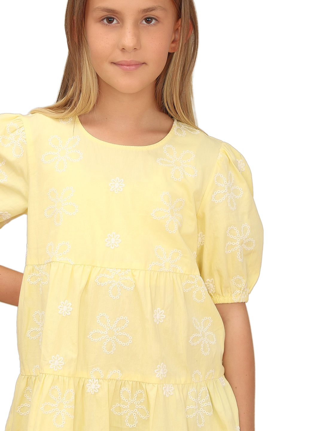 Girls Lemon Meringue Embroidered Cotton Fit and Flare Tiered Dress