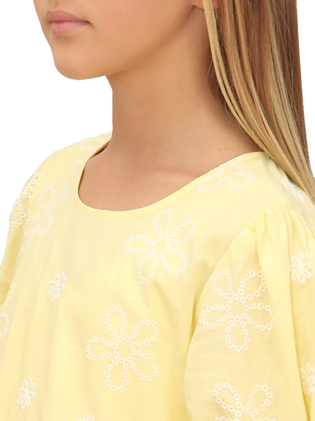 Girls Lemon Meringue Embroidered Cotton Fit and Flare Tiered Dress