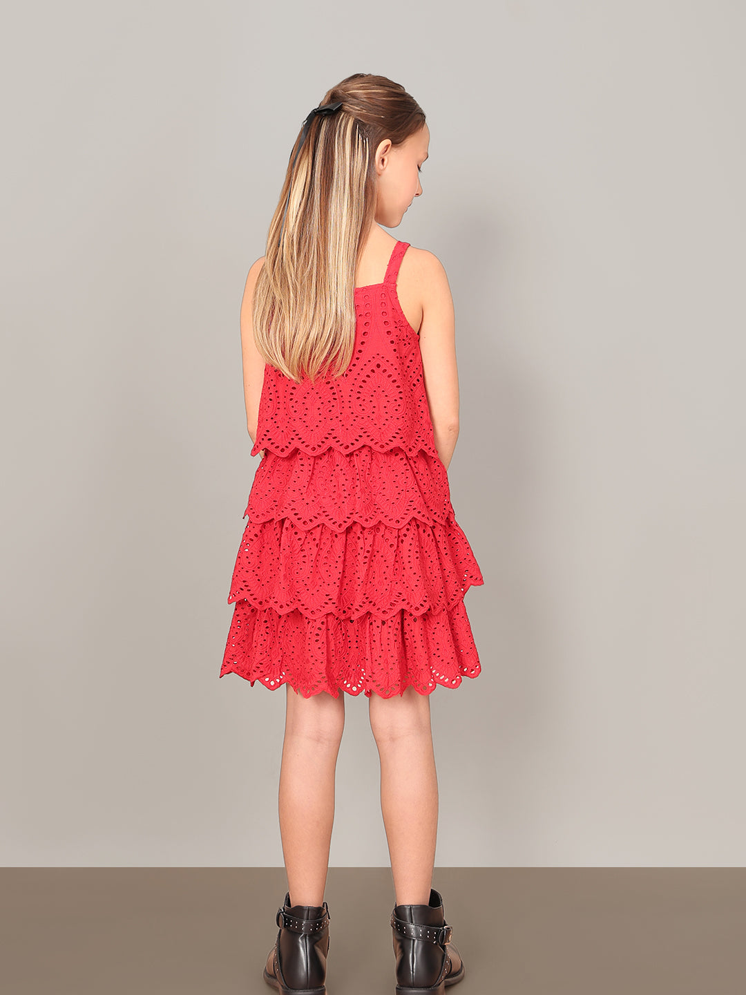 Girls Barbados Cherry Lace Cotton Fit and Flare Dress with Square Neck