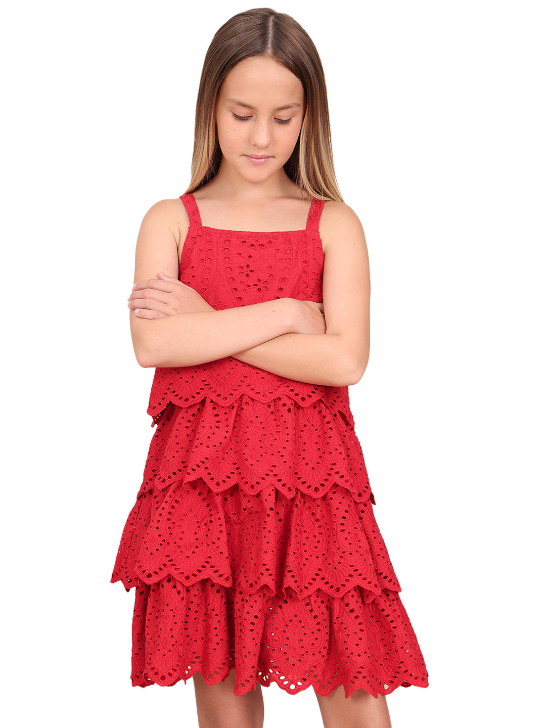 Girls Barbados Cherry Lace Cotton Fit and Flare Dress with Square Neck