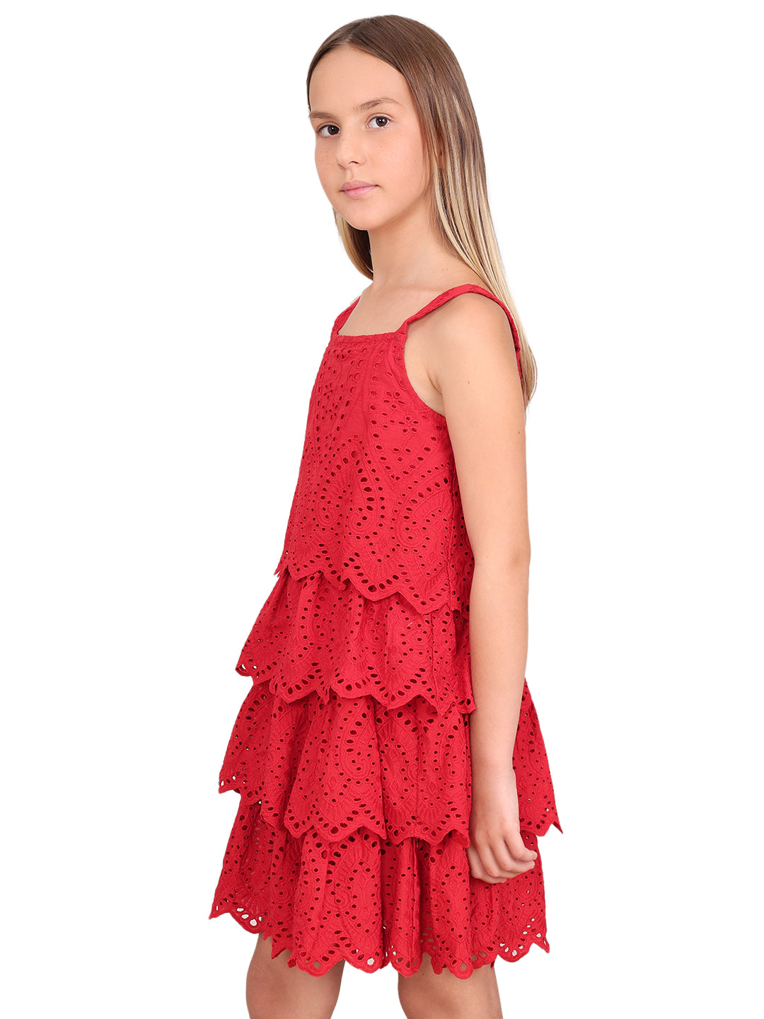 Girls Barbados Cherry Lace Cotton Fit and Flare Dress with Square Neck