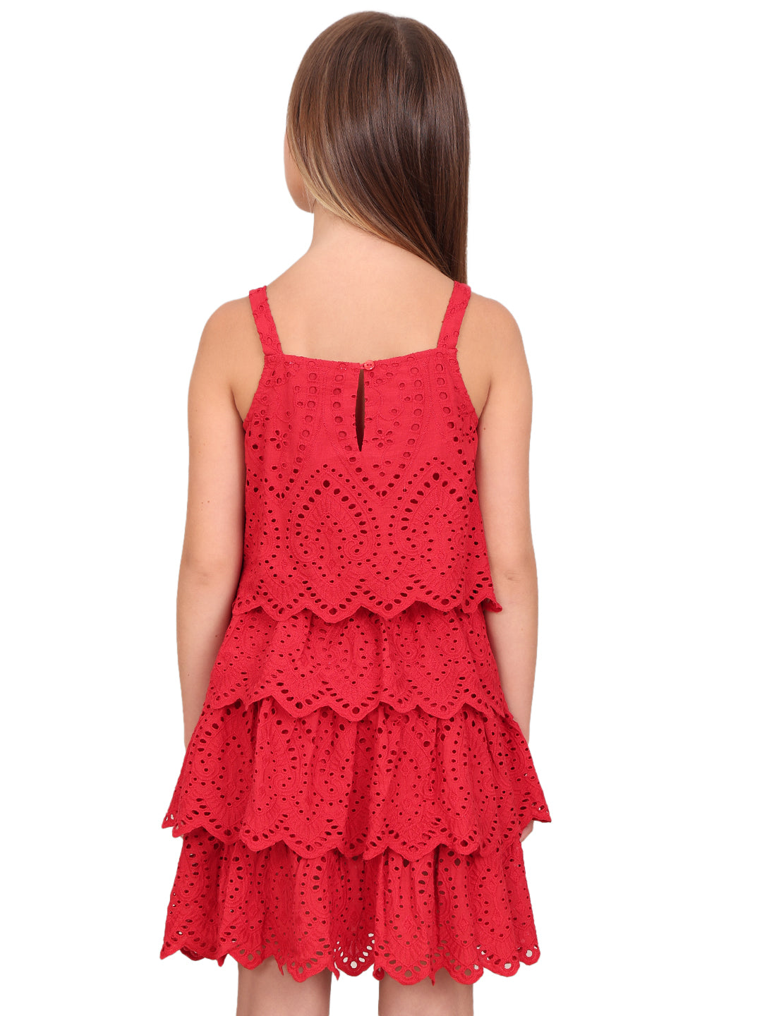 Girls Barbados Cherry Lace Cotton Fit and Flare Dress with Square Neck