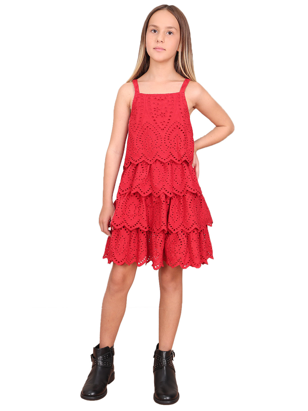 Girls Barbados Cherry Lace Cotton Fit and Flare Dress with Square Neck