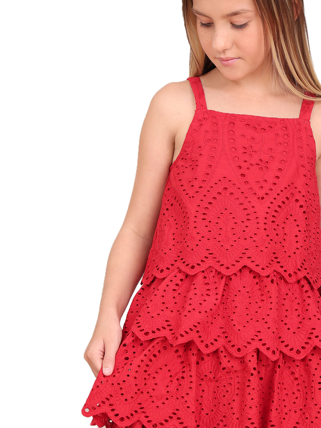 Girls Barbados Cherry Lace Cotton Fit and Flare Dress with Square Neck