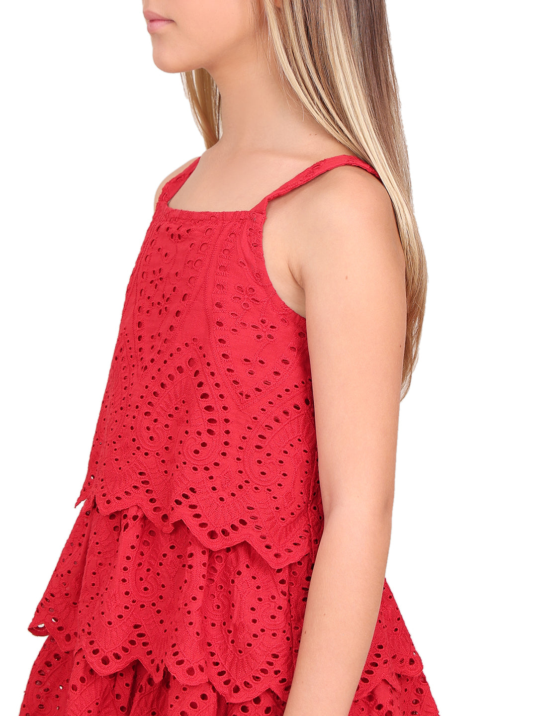 Girls Barbados Cherry Lace Cotton Fit and Flare Dress with Square Neck
