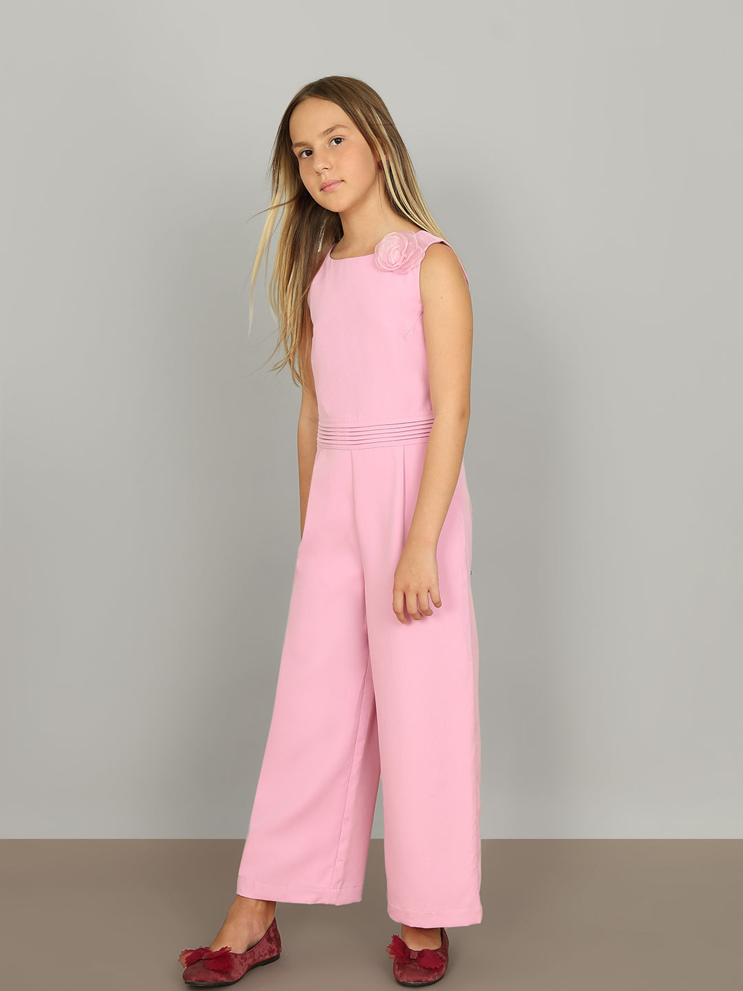 Girls Prism Pink Cotton Sleeveless Wide Leg Jumpsuit with Floral Applique