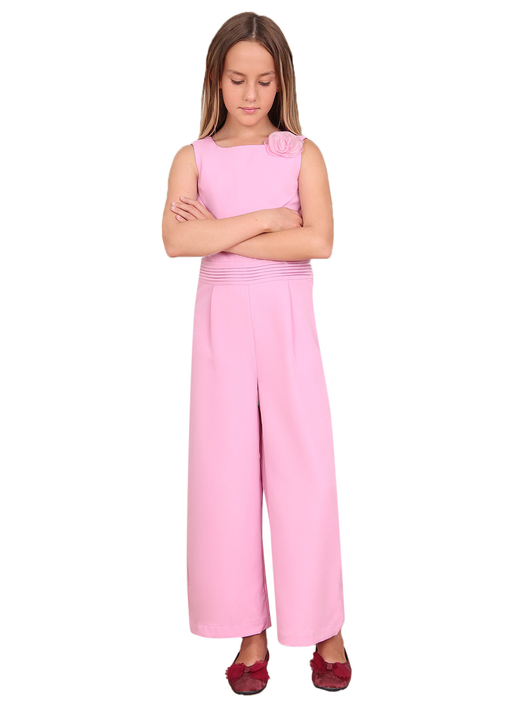Girls Prism Pink Cotton Sleeveless Wide Leg Jumpsuit with Floral Applique