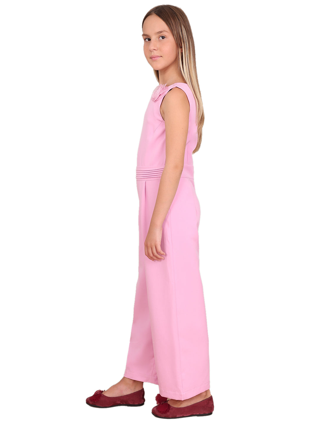 Girls Prism Pink Cotton Sleeveless Wide Leg Jumpsuit with Floral Applique