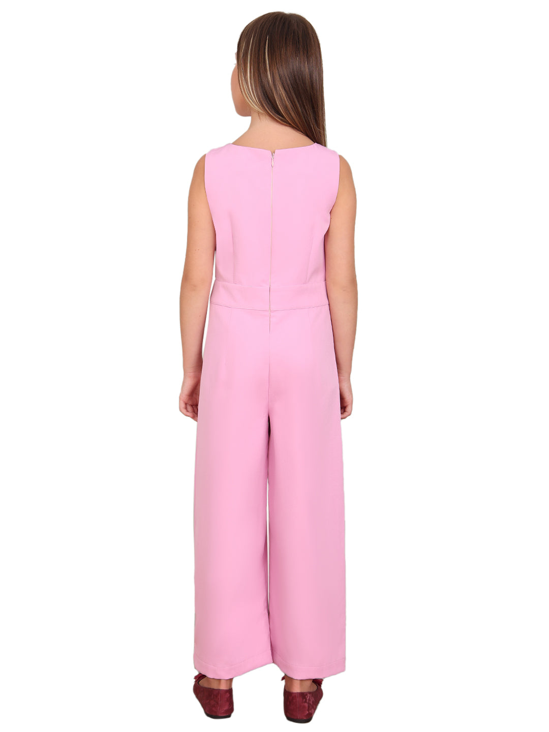 Girls Prism Pink Cotton Sleeveless Wide Leg Jumpsuit with Floral Applique