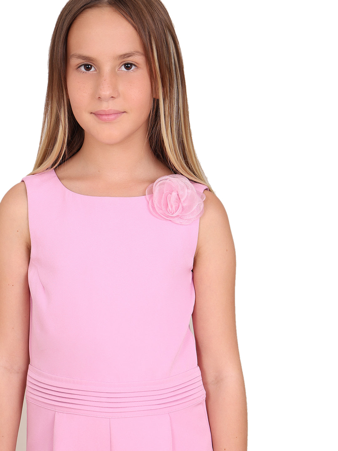 Girls Prism Pink Cotton Sleeveless Wide Leg Jumpsuit with Floral Applique