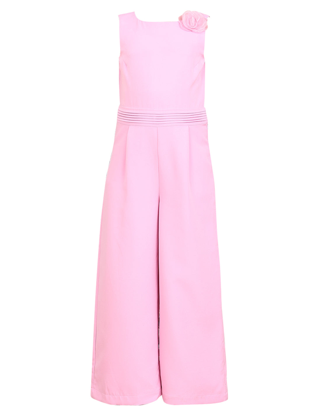 Girls Prism Pink Cotton Sleeveless Wide Leg Jumpsuit with Floral Applique