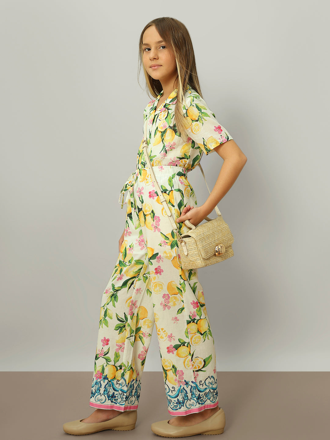 Girls Vibrant Yellow Lemon Floral Cotton Straight Fit Pants
