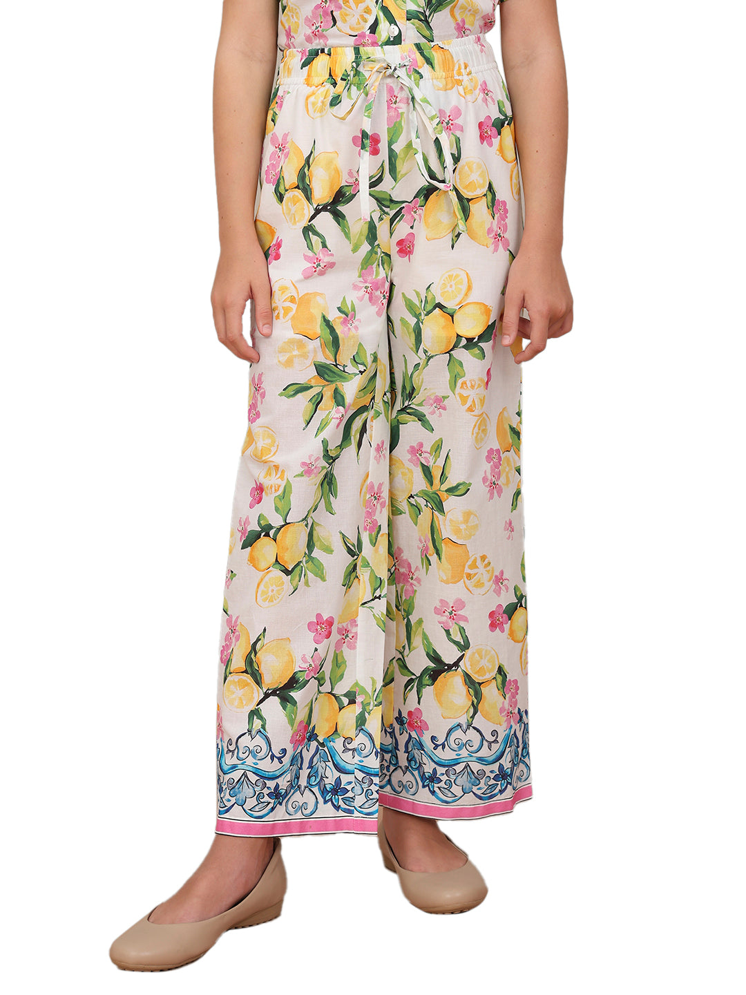 Girls Vibrant Yellow Lemon Floral Cotton Straight Fit Pants